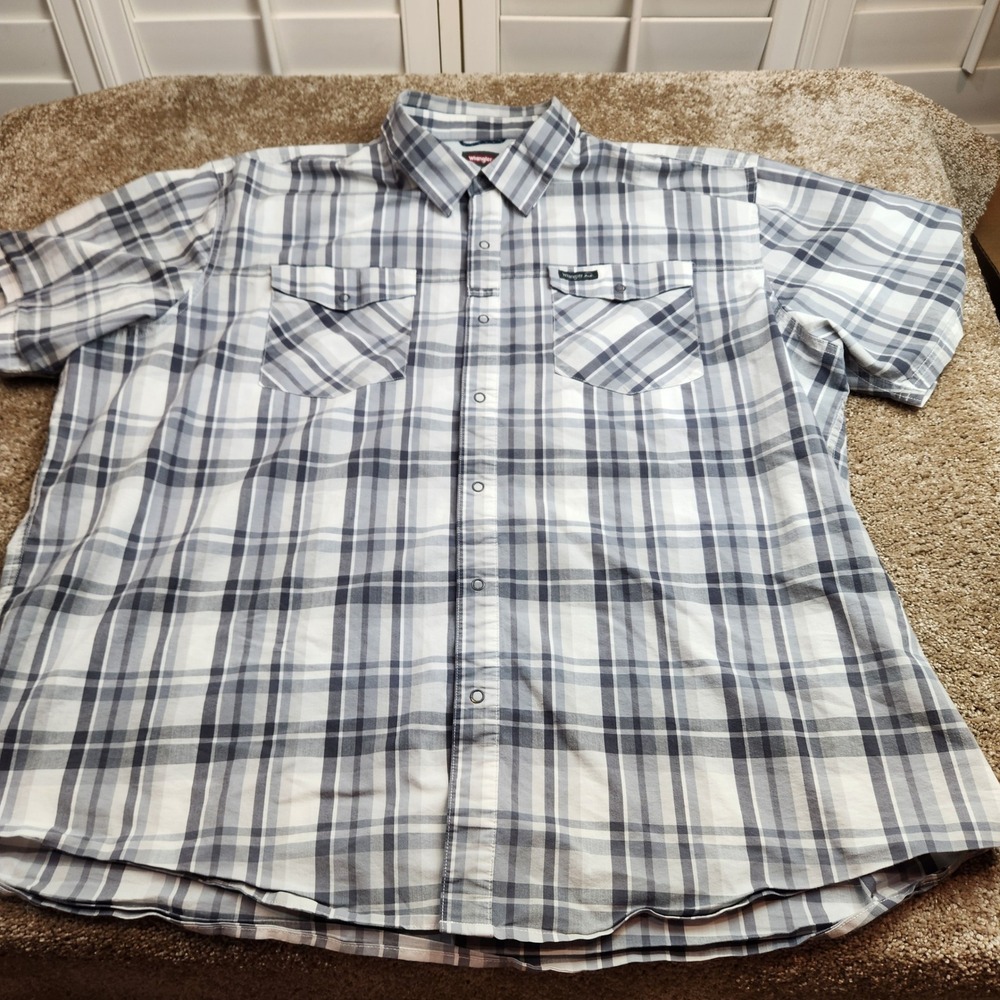 Wrangler Outdoor‎ Mens 3XL Grey Plaid Short Sleeve Snap Button Shirt NW11PMN